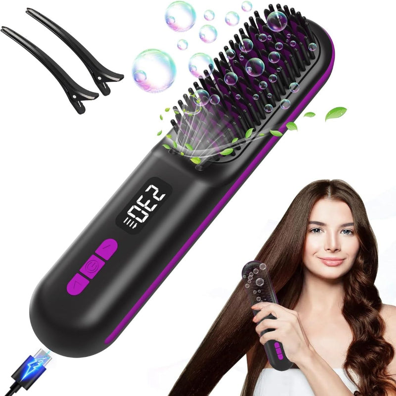 Wireless Hair Brush Cordless Hair Straightening Brush for Women Touch ups on The go Styling Hot Comb with Negative Ion Lightweight Mini Travel USB Rechargeable