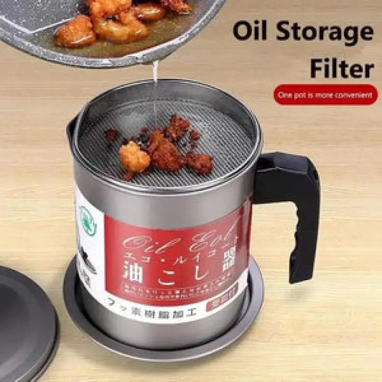 Stainless Steel Oil Strainer Pot – Grease container with filter, lid, and non-slip handle for storing and reusing cooking oil.